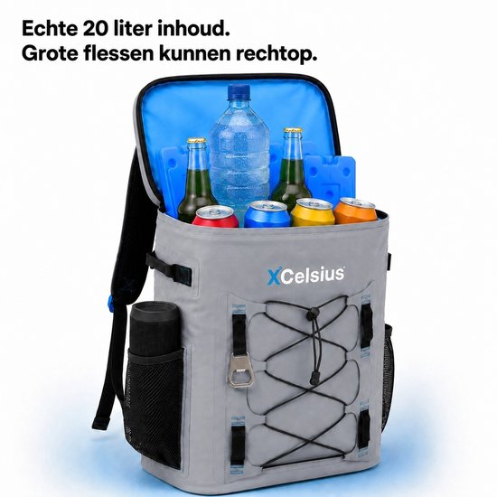 XCelsius® Kühltaschen-Rucksack 20 Liter – Kühltaschen-Rucksack mit 2 Kühlelementen und Flaschenöffner – Mindestens 24 Stunden Kühlleistung – 100 % wasserdicht – Kühltaschen-Rucksack für Strand, Festival, Boot und Camping – Grau