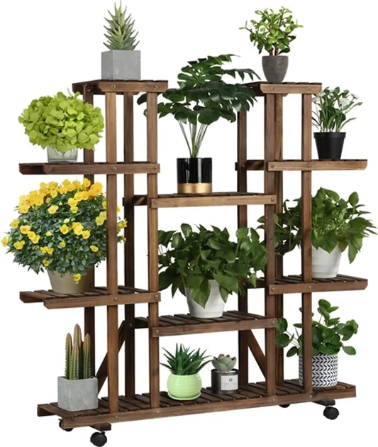Yaheetech Pflanzenständer Braun - Blumenständer aus Holz mit Rädern - 124,5 x 33 x 120 cm