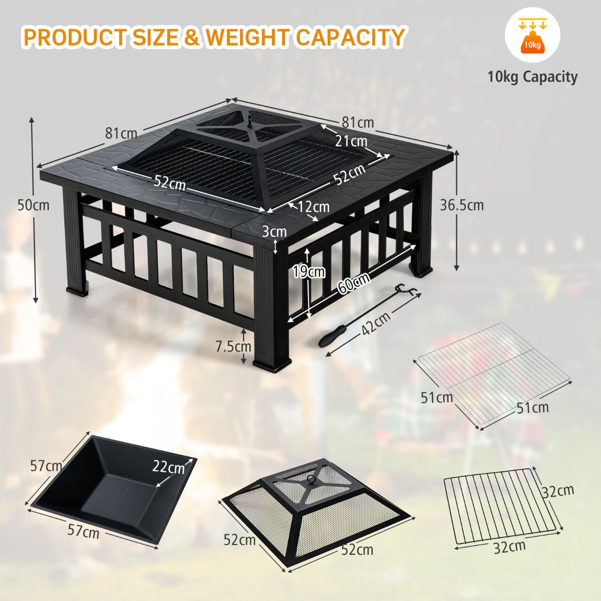 Coast quadratische Feuerstelle – 3-in-1-Feuerschale mit Tischfunktion – mit Grillrost und Eiskübel – schwarz 81 x 81 x 50 cm