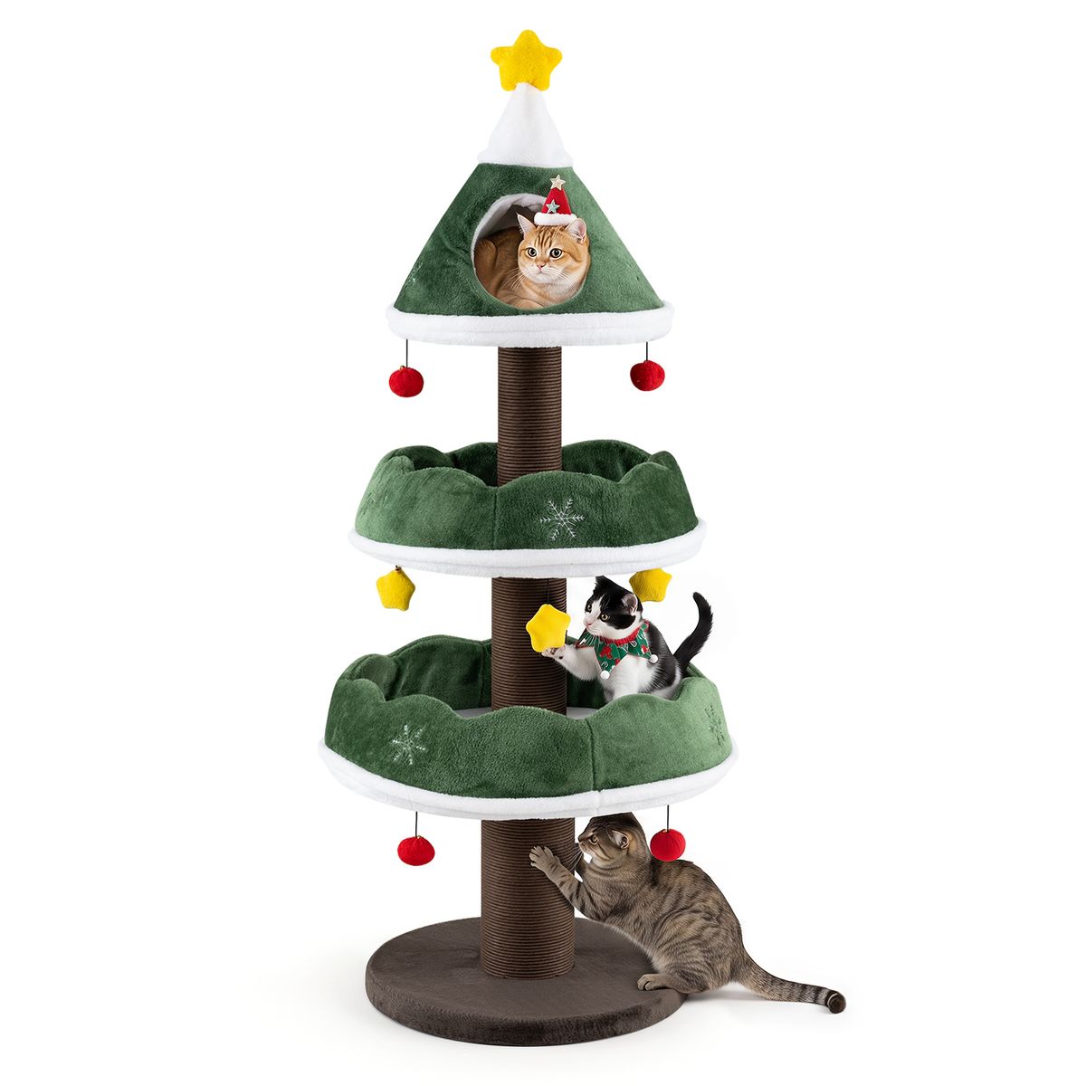 Coast Kratzbaum – Weihnachtsbaum-Design – mit Höhle oben und hängenden Kugeln – grün, 143 cm
