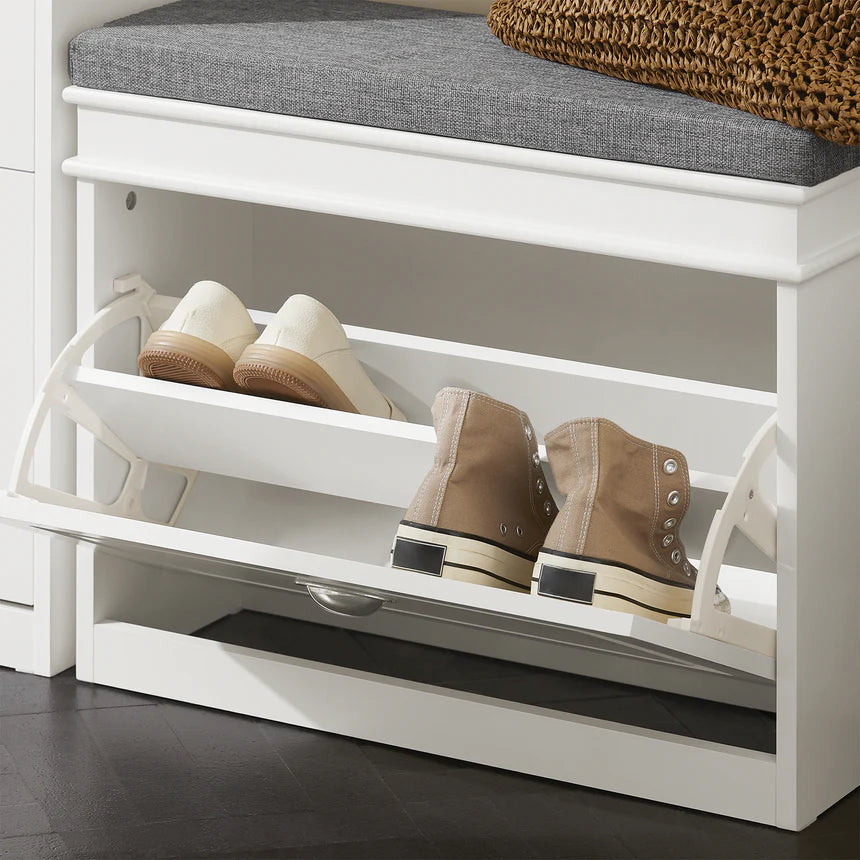SoBuy - Schuhbank Schuhschrank - 60 x 24 x 51 cm - Mit gepolstertem Sitz und versteckter Lagerung und E1 MDF Konstruktion - Für Flur und Schlafzimmer - Weißes Holz