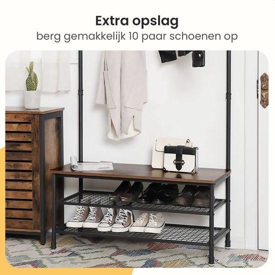 Goliving Garderobe XL - Garderobenständer - Schuhablage - Stehend - Industrieschrank - Metall/Holz - 100 x 41,5 x 182 cm - Braun/Schwarz