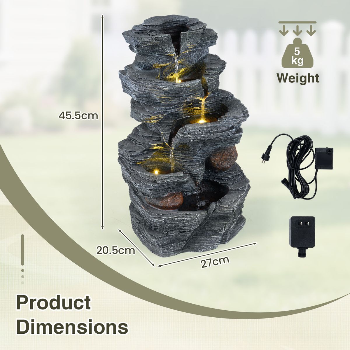 Coast Tischbrunnen – 5-stufiger Wasserfall – LED-Beleuchtung – schwarz – 27 x 20,5 x 45,5 cm