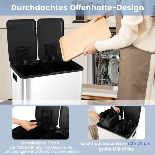 Coast Mülleimer Schwarz/Silber - 2 flache Abfalleimer mit Soft-Close-Pedalen - 2 x 30L