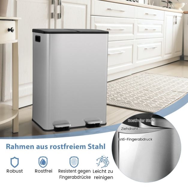 Coast Mülleimer Schwarz/Silber - 2 flache Abfalleimer mit Soft-Close-Pedalen - 2 x 30L