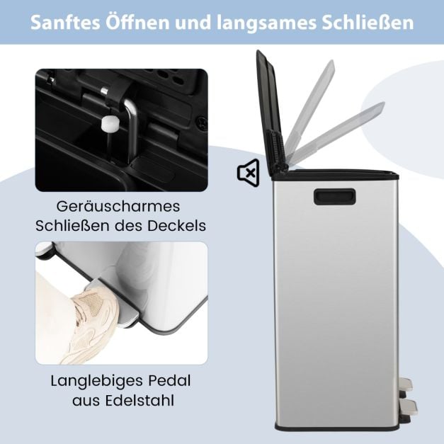 Coast Mülleimer Schwarz/Silber - 2 flache Abfalleimer mit Soft-Close-Pedalen - 2 x 30L