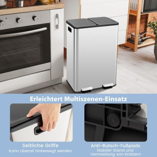 Coast Mülleimer Schwarz/Silber - 2 flache Abfalleimer mit Soft-Close-Pedalen - 2 x 30L