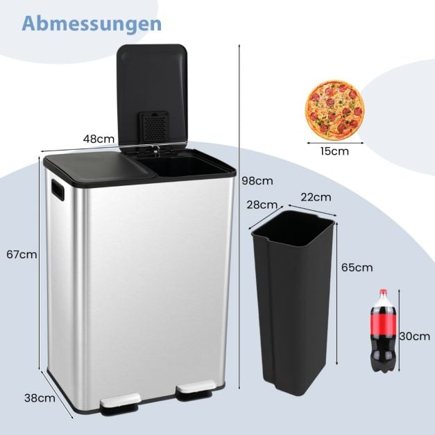 Coast Mülleimer Schwarz/Silber - 2 flache Abfalleimer mit Soft-Close-Pedalen - 2 x 30L
