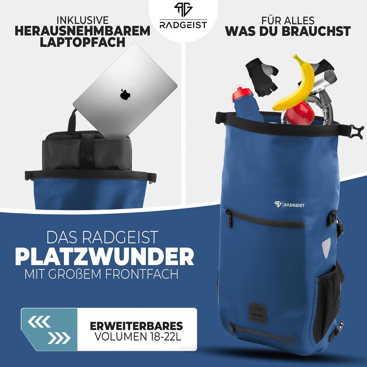 RADGEIST 3in1 Fahrradtasche für Gepäckträger I Fahrradtasche, Rucksack & Umhängetasche 18-22L I Tasche für Fahrrad 100% wasserdicht Blau