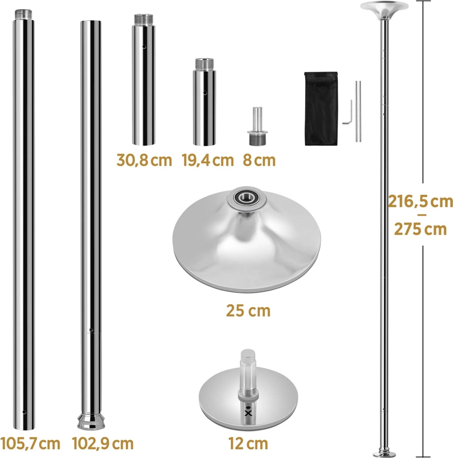 Yaheetech Dance Pole Verstellbar - Mit statischem und drehbarem Ständer und Silikon-Gummischutz und 2 Verlängerungsstangen - Für Heimgebrauch und Fitness - Silber verchromtes Metall - 25 x 25 x 216,5-275 cm