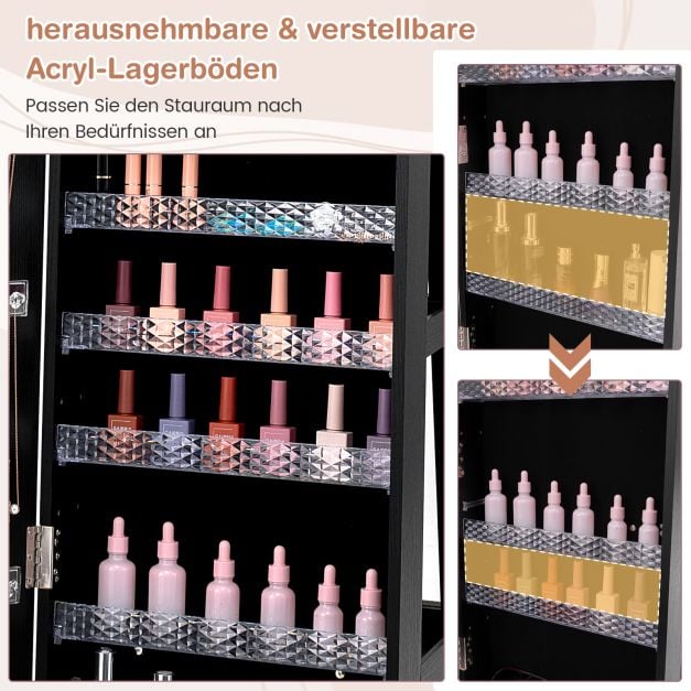 Coast Schmuckschrank Schwarz - Abschließbarer Spiegelschrank mit LED-Make-up-Spiegel - 40 x 38 x 163 cm