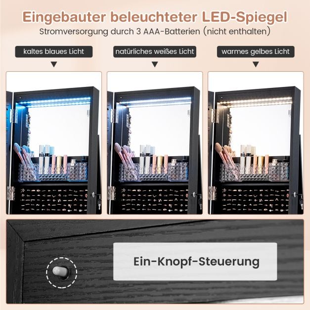 Coast Schmuckschrank Schwarz - Abschließbarer Spiegelschrank mit LED-Make-up-Spiegel - 40 x 38 x 163 cm
