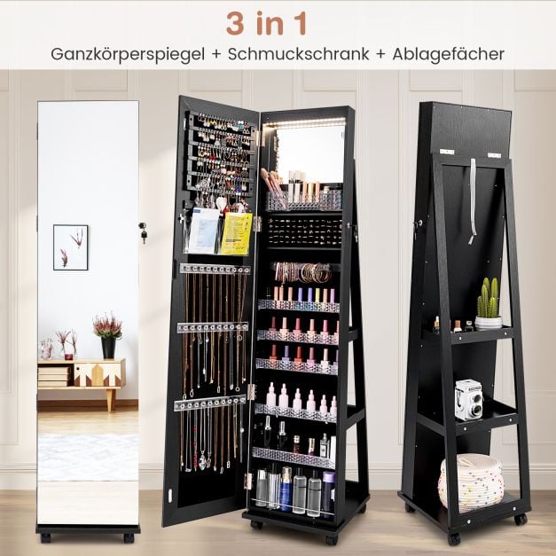 Coast Schmuckschrank Schwarz - Abschließbarer Spiegelschrank mit LED-Make-up-Spiegel - 40 x 38 x 163 cm