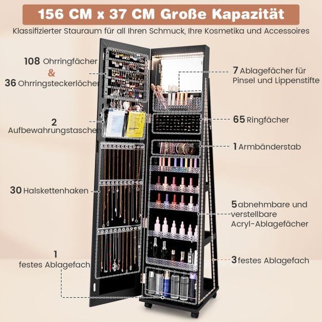 Coast Schmuckschrank Schwarz - Abschließbarer Spiegelschrank mit LED-Make-up-Spiegel - 40 x 38 x 163 cm