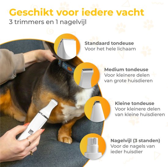 Nuvance - Hundeschermaschine 4 in 1 - Tierschermaschine für dickes Fell - Hundeschermaschine mit 7 Aufsätzen - Schnurlos - Hundetrimmer Schermaschine - Inklusive Nagelfeile
