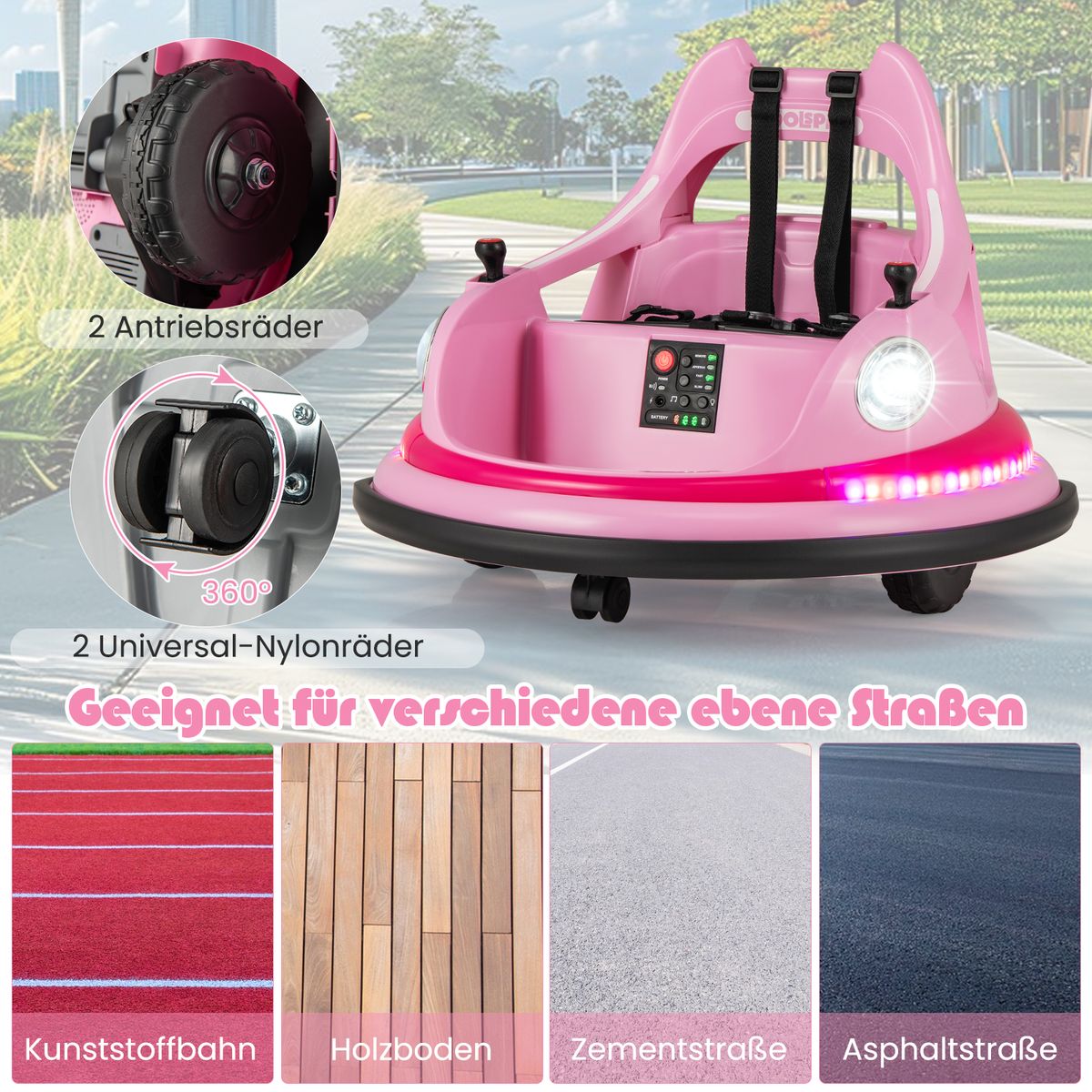 Coast Elektrisches Autoscooter-Auto für Kinder – 12 V mit Fernbedienung und zwei Joysticks – rosa