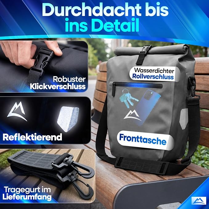 Nextcover Fahrradtasche 28 l – TPU – Rollverschluss/Schnalle – Gepäckträger – Grau