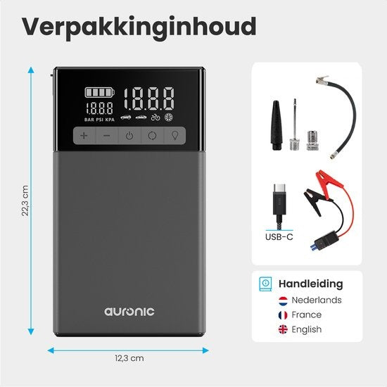 Auronic Jumpstarter - mit Kompressor - 12V - 1500A - 16.000 mAh - 6-in-1 Starthilfe - Inkl. Aufbewahrungstasche & Zubehör - Schwarz/Grau