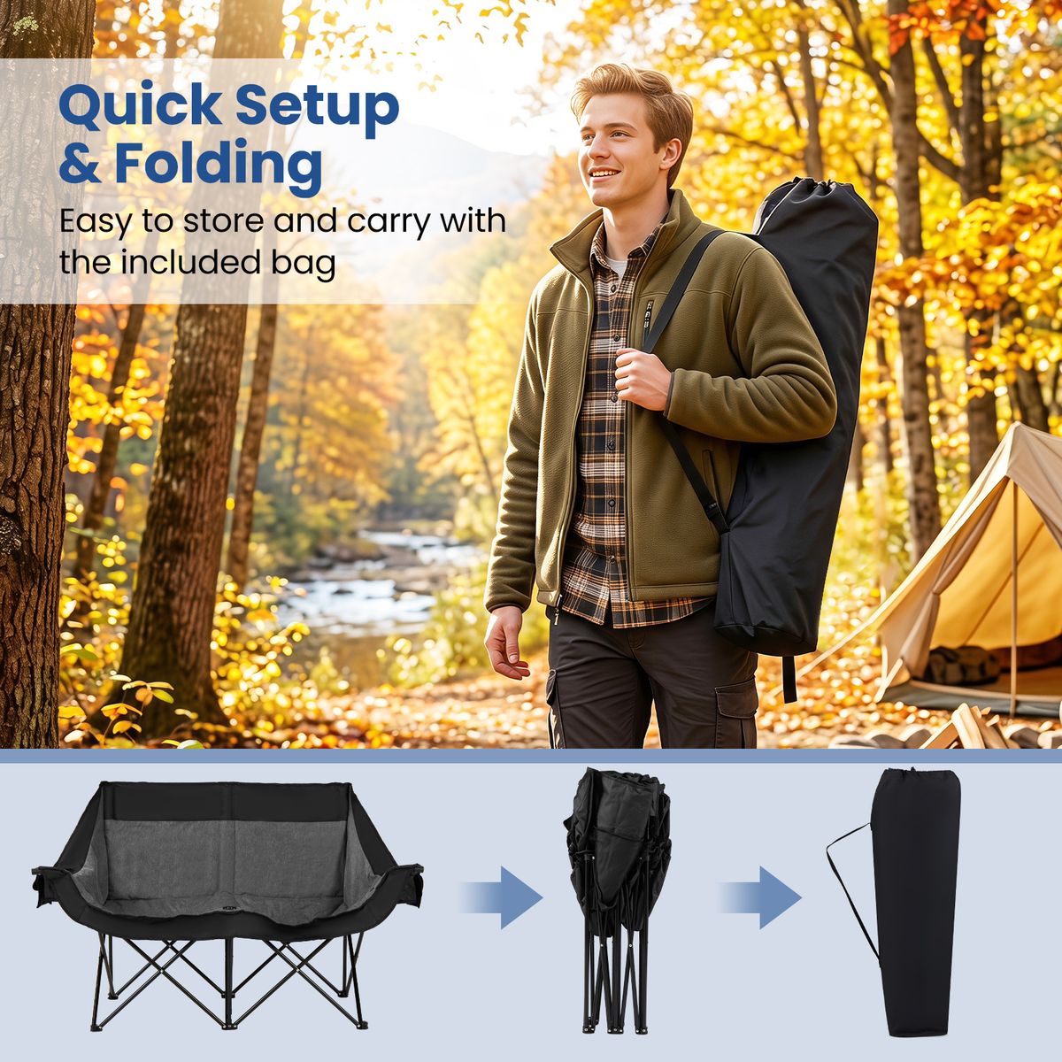 Coast Klappbarer Doppel-Campingstuhl – Beheizt – 3 Heizstufen – Schwarz