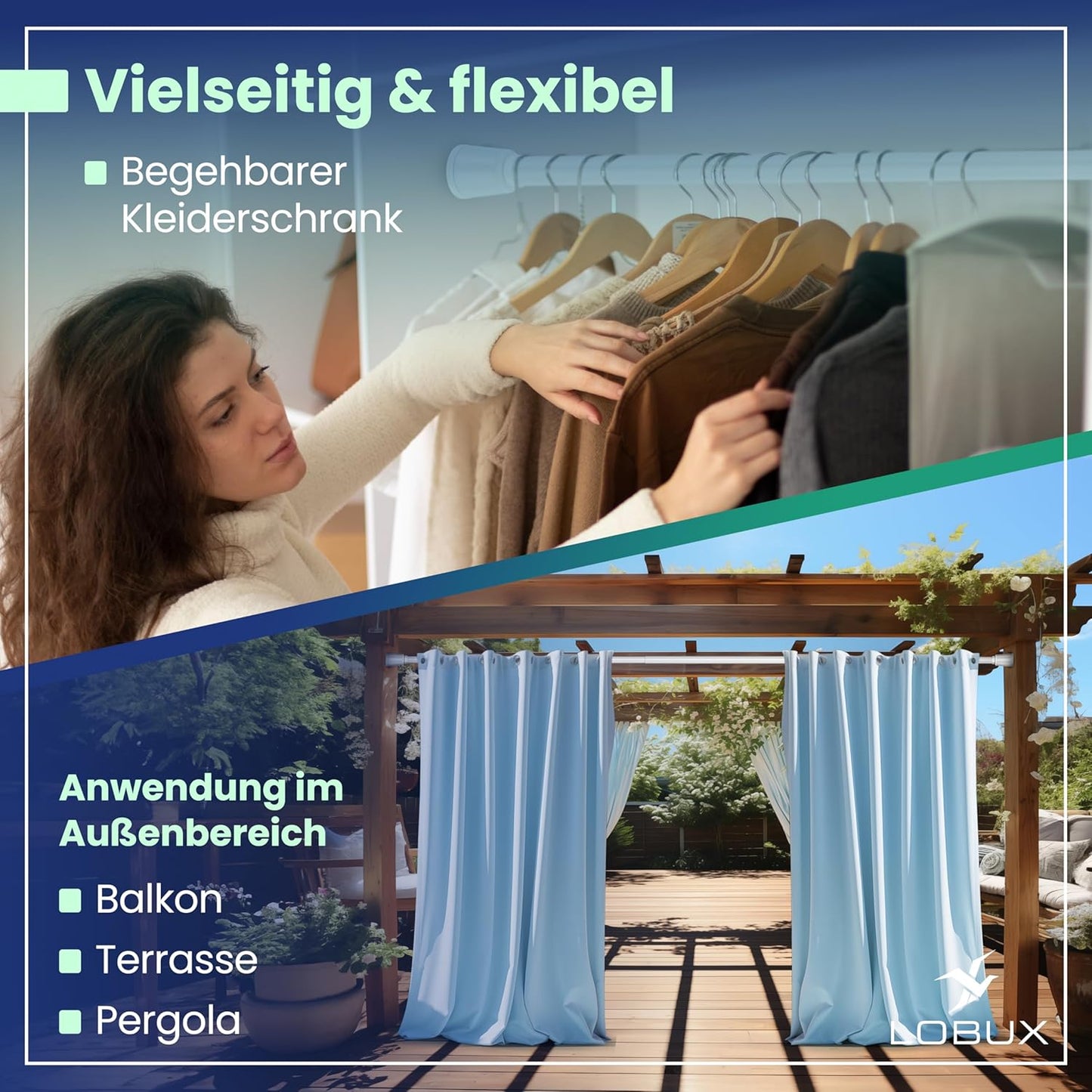 LOBUX® - Gardinenstange ohne Bohren [weiß, 110-250cm] - Teleskopstange Gardinenverlängerung - Duschstange ohne Bohren - Gardinenstange, Duschvorhangstange, Kleiderstange, Klemmstange Katzennetz