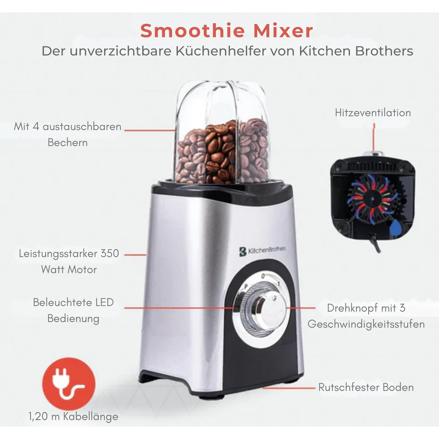 KitchenBrothers Smoothie Mixer - 13-teiliges Set - 4 Becher - To Go - 350W - Edelstahl
