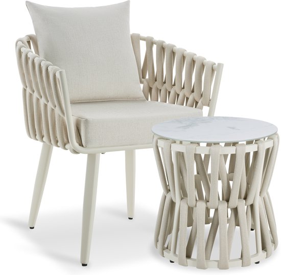 tectake® Gartenset Lugano – Gartenstuhl – Liegestuhl mit Beistelltisch – Gartenstuhl im Seil-Design mit Aluminiumgestell – Garten-Sessel mit dicken Kissen – Lounge-Set für Garten oder Balkon - Terrassenstuhl – UV- und witterungsbeständig – Beige
