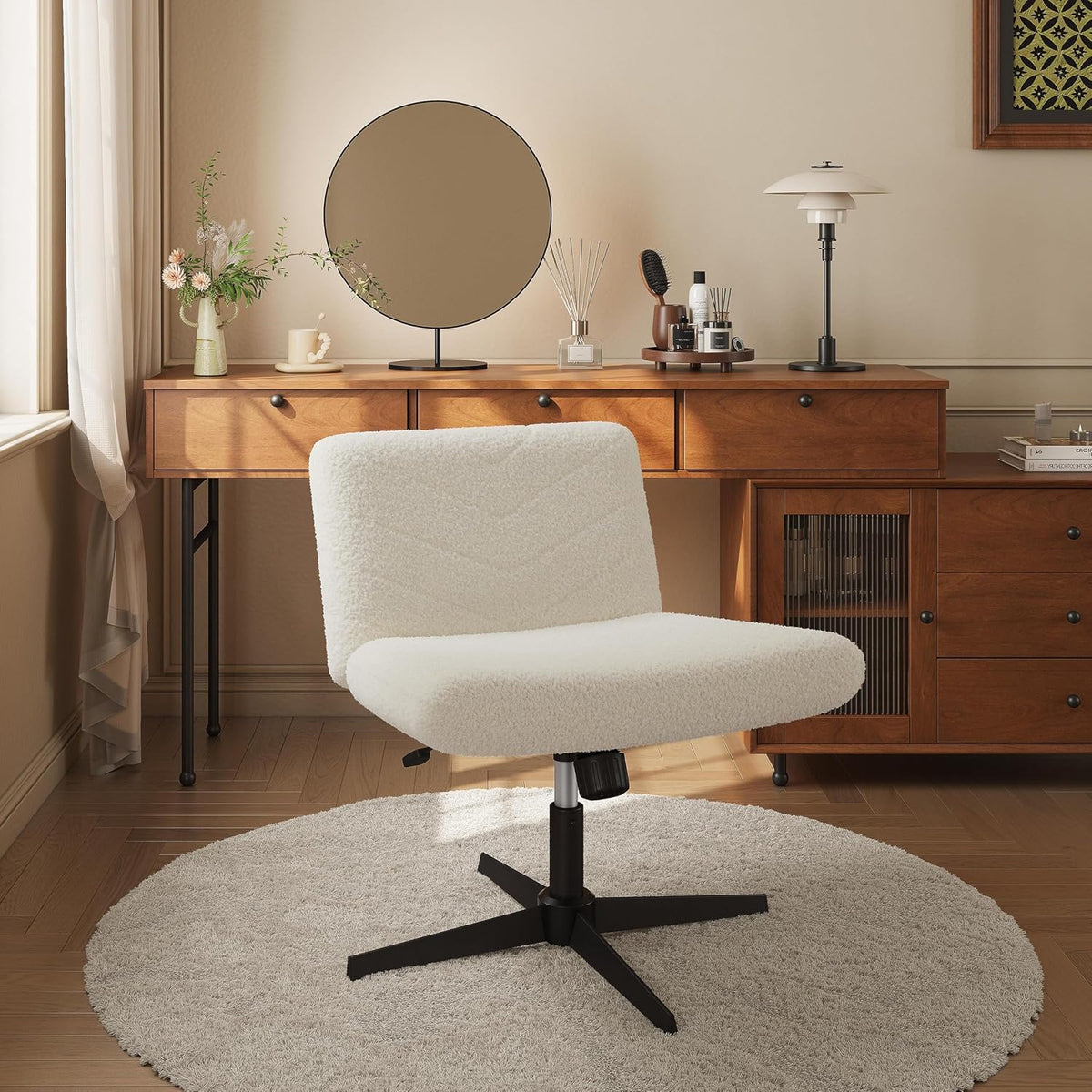 Yaheetech Ergonomischer Bürostuhl – Elfenbein – Bouclé – Verstellbare Sitzhöhe – Um 360° drehbar – Kreuzfuß