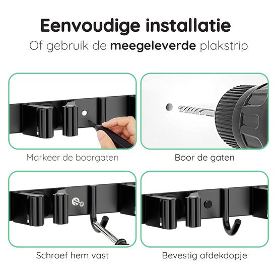 Volcan Besenhalter - Besen Aufhängesystem Gartengeräte - Werkzeughalter - 3M Band - 5 Halter 6 Haken - Edelstahl Schwarz