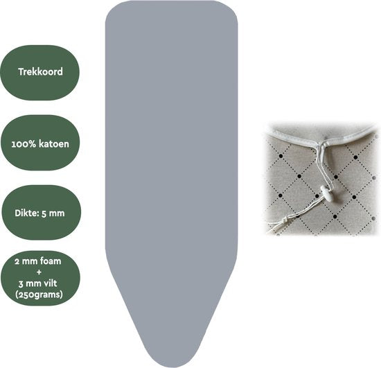 BRASQ Bügelbrettbezug IBC Bügelbrettbezug Grau – Komplettset – 122 x 38 cm – Hochwertige Baumwolle – Universell einsetzbar