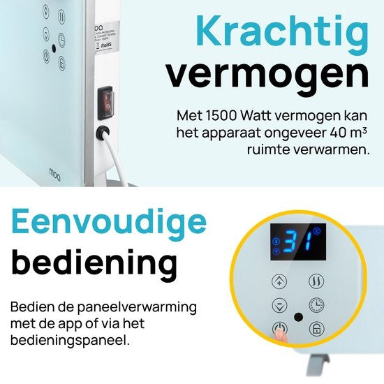 MOA Smart Glass Panel Heater with WiFi - Elektrische Heizung - Konvektorheizung - Flächenheizung - Tragbare Heizung - Weiß - PH15W