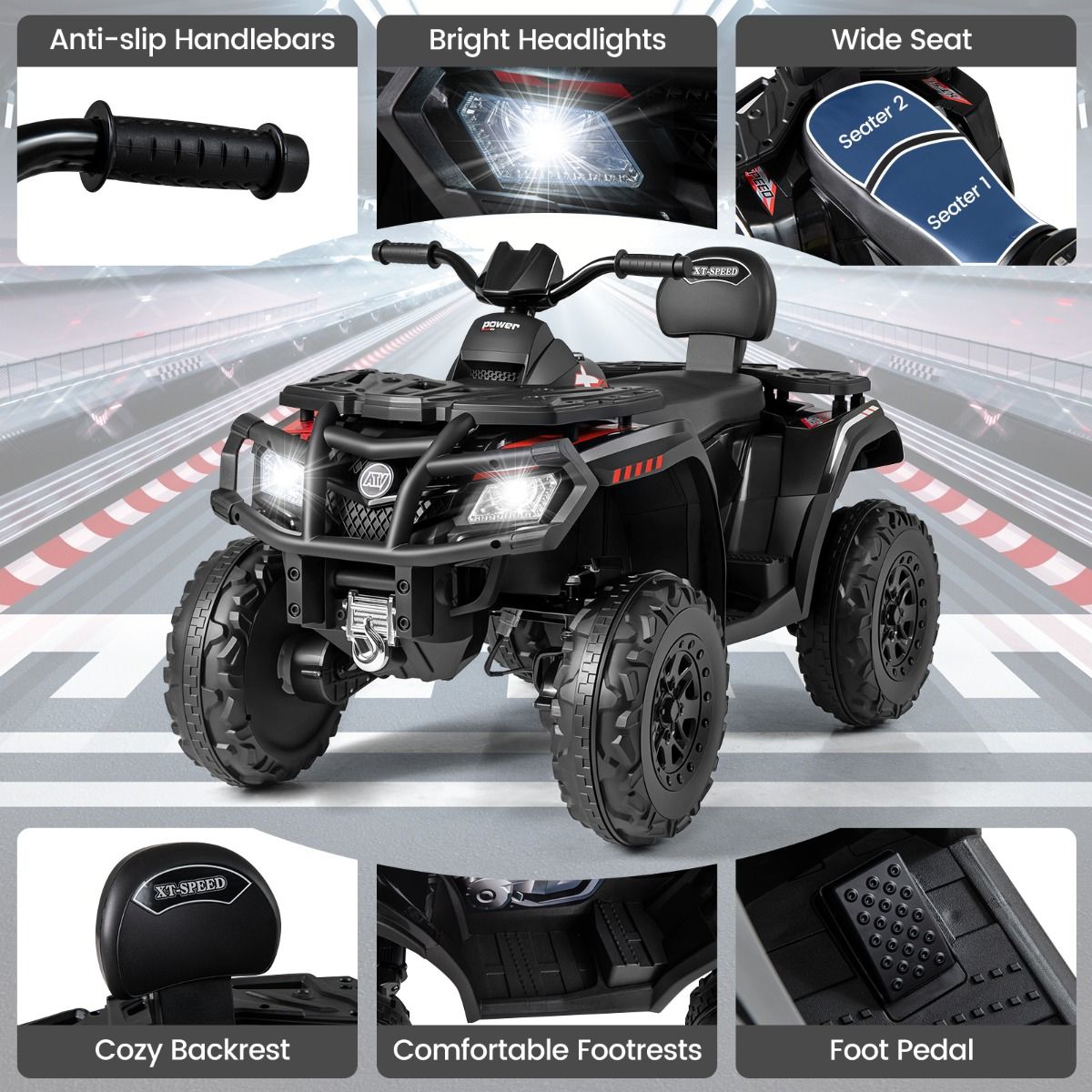 Coast Elektro-Kinderquad – 2 Sitze – 4 Motoren – schwarz