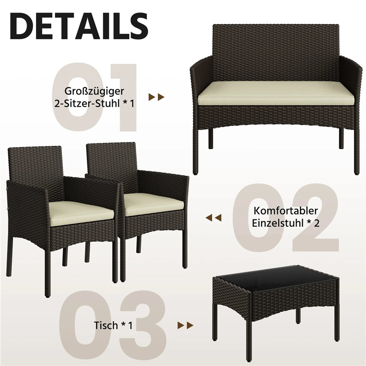 Yaheetech Polyrattan-Lounge-Set, 4-teilig – 2-Sitzer-Sofa und 2 Sessel mit Glastisch – 100 x 59,5 cm – Braun mit beigen Kissen