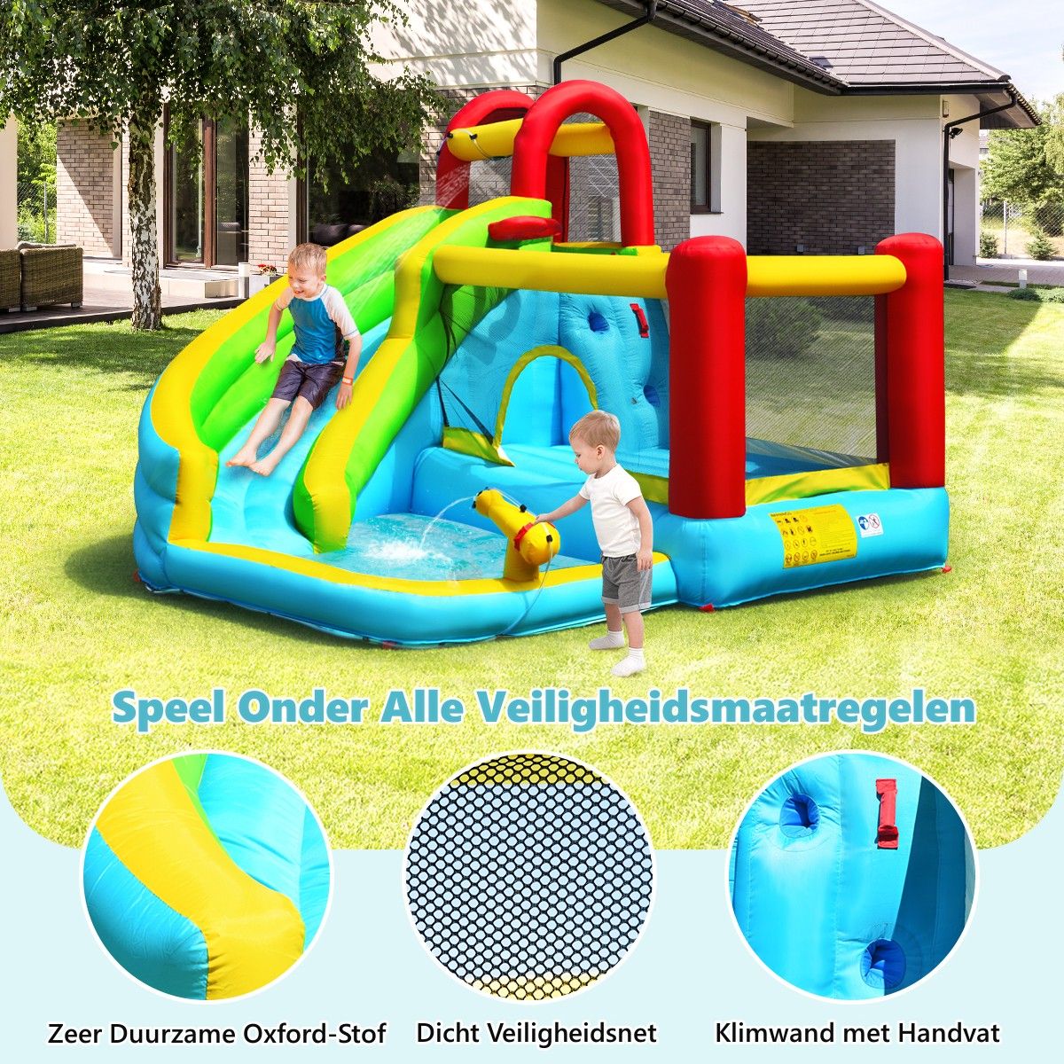 Coast Aufblasbare Hüpfburg 6-in-1 – Geschwungene Rutsche – Kletterwand und Wasserkanone – 320 x 305 x 213 cm