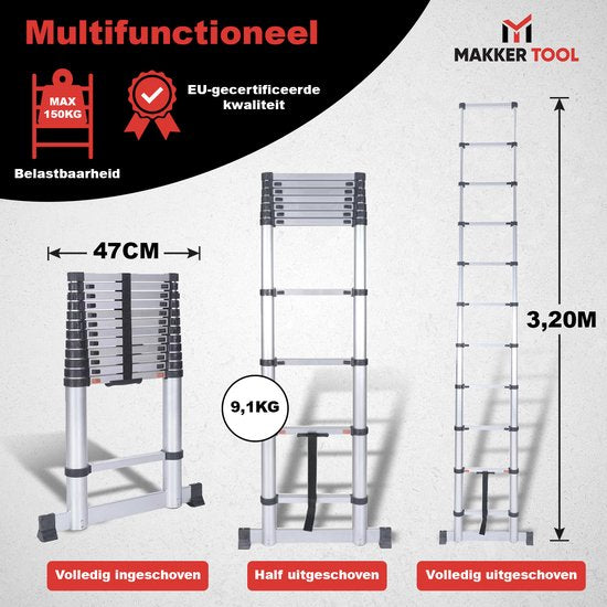 Makker Tool Teleskopleiter 3,2 Meter – Stabilisierungsfuß & Soft-Close