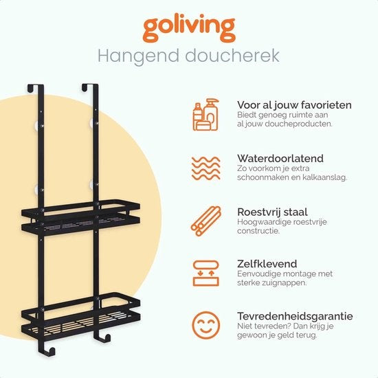 Goliving - Shower Rack - ohne Bohren - Hängende Duschablage - 74 x 35 cm - Edelstahl - Schwarz