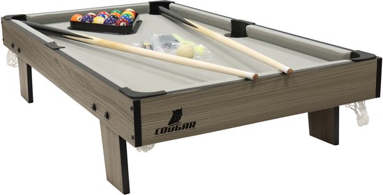 Cougar Billardtisch Mini 3 ft – Kompakter Billardtisch in Eiche/Grau – Aufstellbarer Tisch – Inklusive Kugeln, Queues, Dreieck, Kreide und Bürste