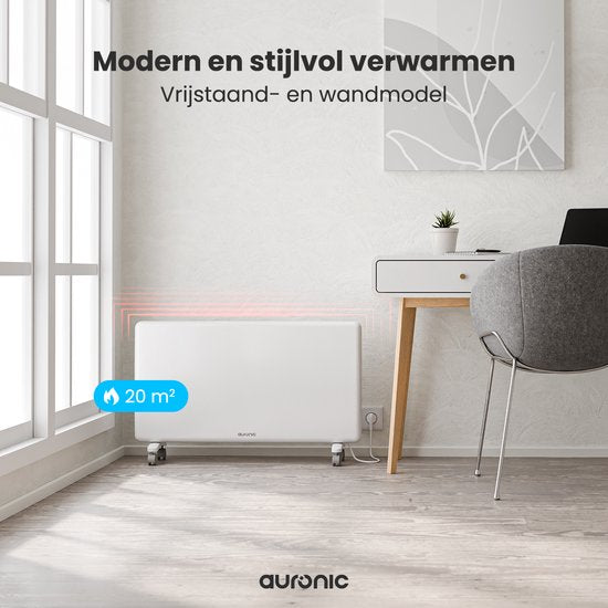 Auronic Konvektorheizung - 2000W - Elektroheizung - 3 Stufen - Metallheizkörper - Freistehend - Räder - Weiß