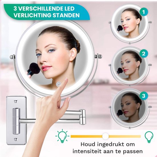Make-up Spiegel mit Led Beleuchtung - 5X Vergrößerung - Wandspiegel Rund - Rasierspiegel Wandmodell - Badezimmer - Dusche - Chrom