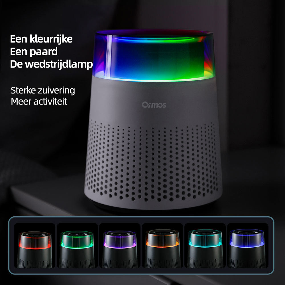 Ormos Luftreiniger mit H13-HEPA-Filter – Dreifachfilterung und negative Ionen – Flüsterleise unter 36 dB – Stimmungslicht in 7 Farben