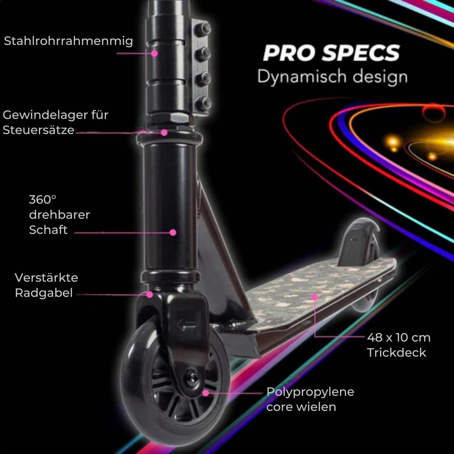 LifeGoods StuntRider - Scooter - Stufe 8+ Jahre - 100mm Räder - Jungen/Mädchen - Schwarz