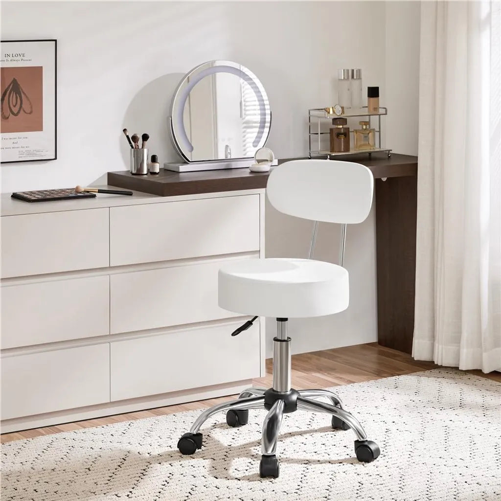 Yaheetech Make-up-Hocker mit um 360° drehbarem Sitz und Rollen – Weiß – 52 x 44,5 x 75,5–85 cm