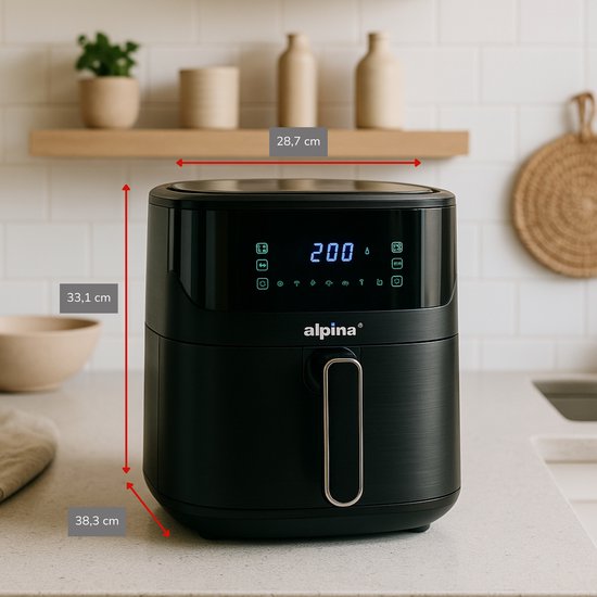 alpina Airfryer XL – Heißluftfritteuse 6 l – Air Fryer für 2 bis 5 Personen – Heißluftofen mit digitalem Touchscreen – Einstellbare Temperatur von 80 bis 200 Grad – Timer-Funktion – 8 Kochprogramme