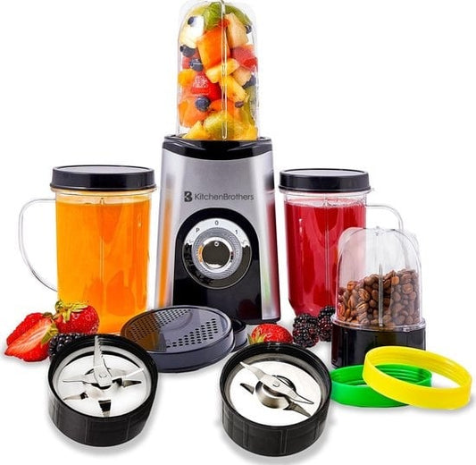 KitchenBrothers Smoothie Mixer - 13-teiliges Set - 4 Becher - Smoothie Maker To Go - 350W - Edelstahl