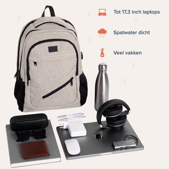 TRVLMORE Rucksack mit Lifetime - Rucksack mit 17-Zoll-Laptop-Fach - Schultasche - spritzwassergeschützt - Männer und Frauen - Jungen und Mädchen - 36L - Champagner