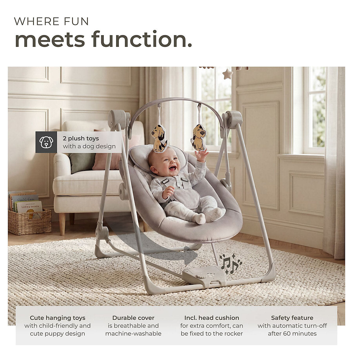 Tectake Babyschaukel 75,5 x 56 x 68 cm – 5 Geschwindigkeitsstufen/Timer – 4 Geräusche – Hellgrau