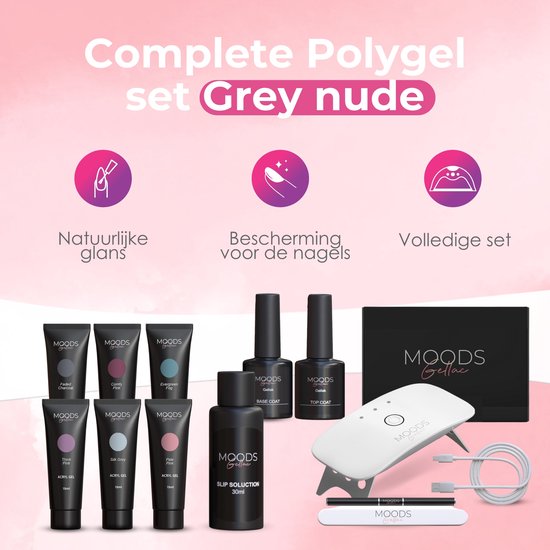 Moods Gellac - Luxus Polygel Set - Polygel Nägel Starter Pack - Inklusive UV LED Lampe - 6 Farben - Grau Nude