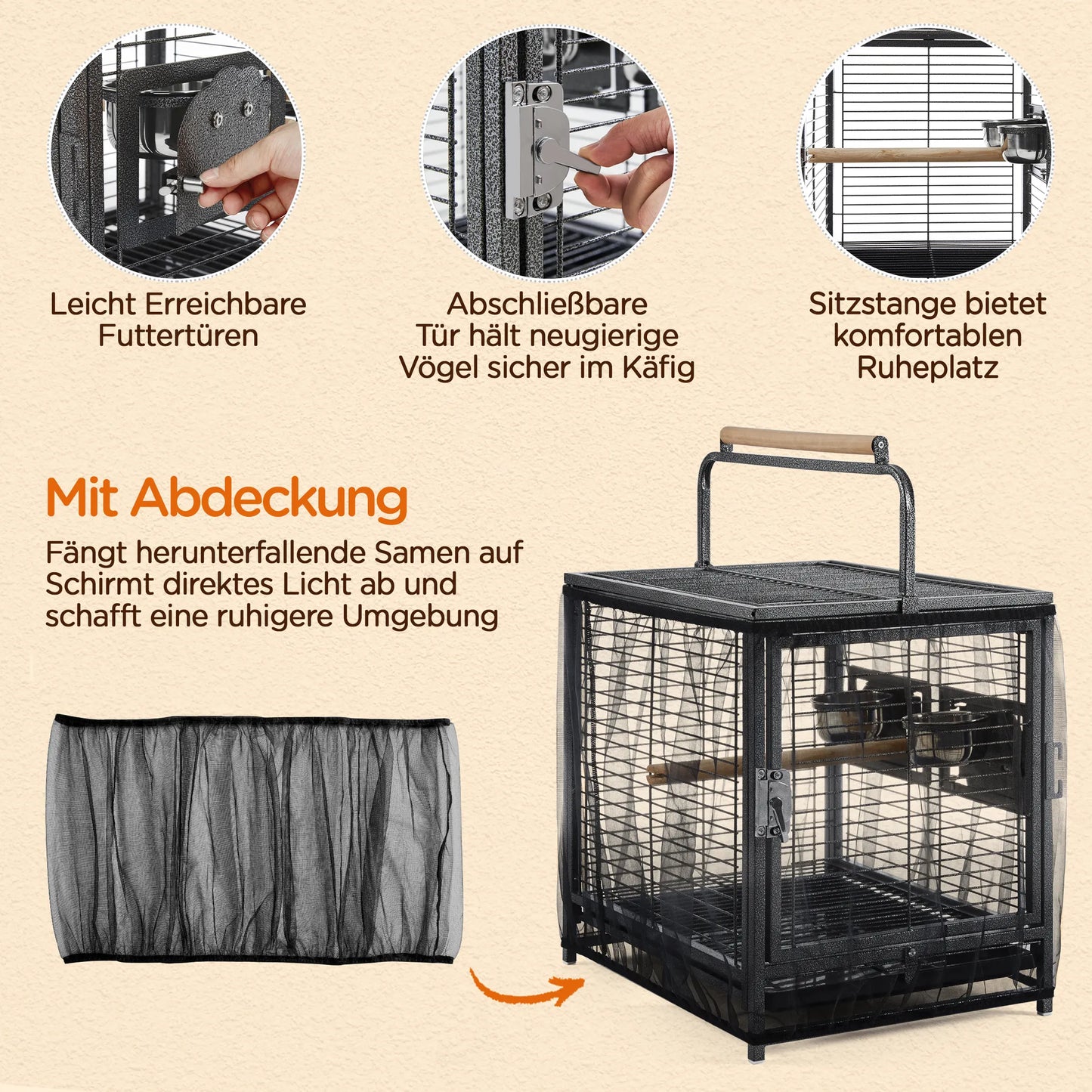 Yaheetech Vogelkäfig mit Griff - mit hölzernen Sitzstangen und wasserabweisende Beschichtung und abschließbare Tür - für Kanarienvögel und Wellensittiche - schwarz Metall Kunststoff und Holz - 48,5 x 39 x 65 cm