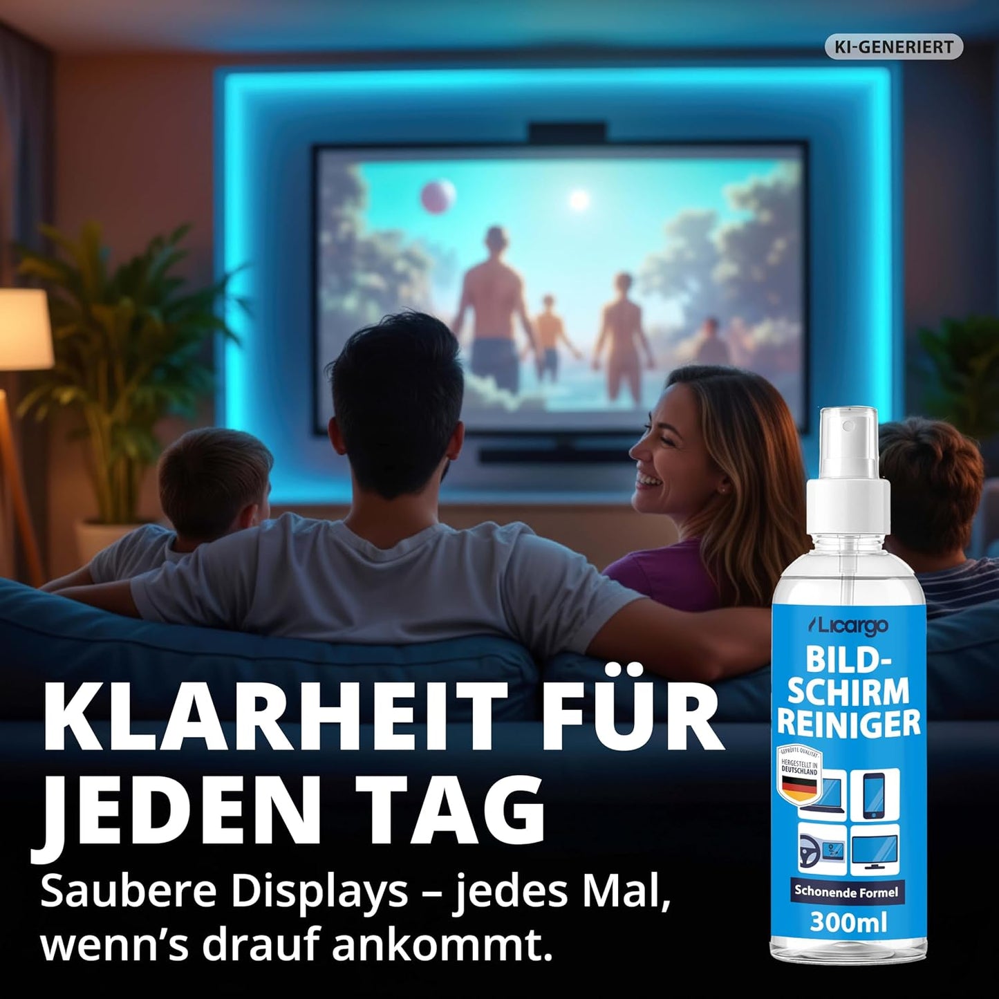 LICARGO Bildschirmreiniger-Spray 300 ml – ohne Streifen & alkoholfrei – für Fernseher, Monitore, Laptops, Tablets und Autodisplays
