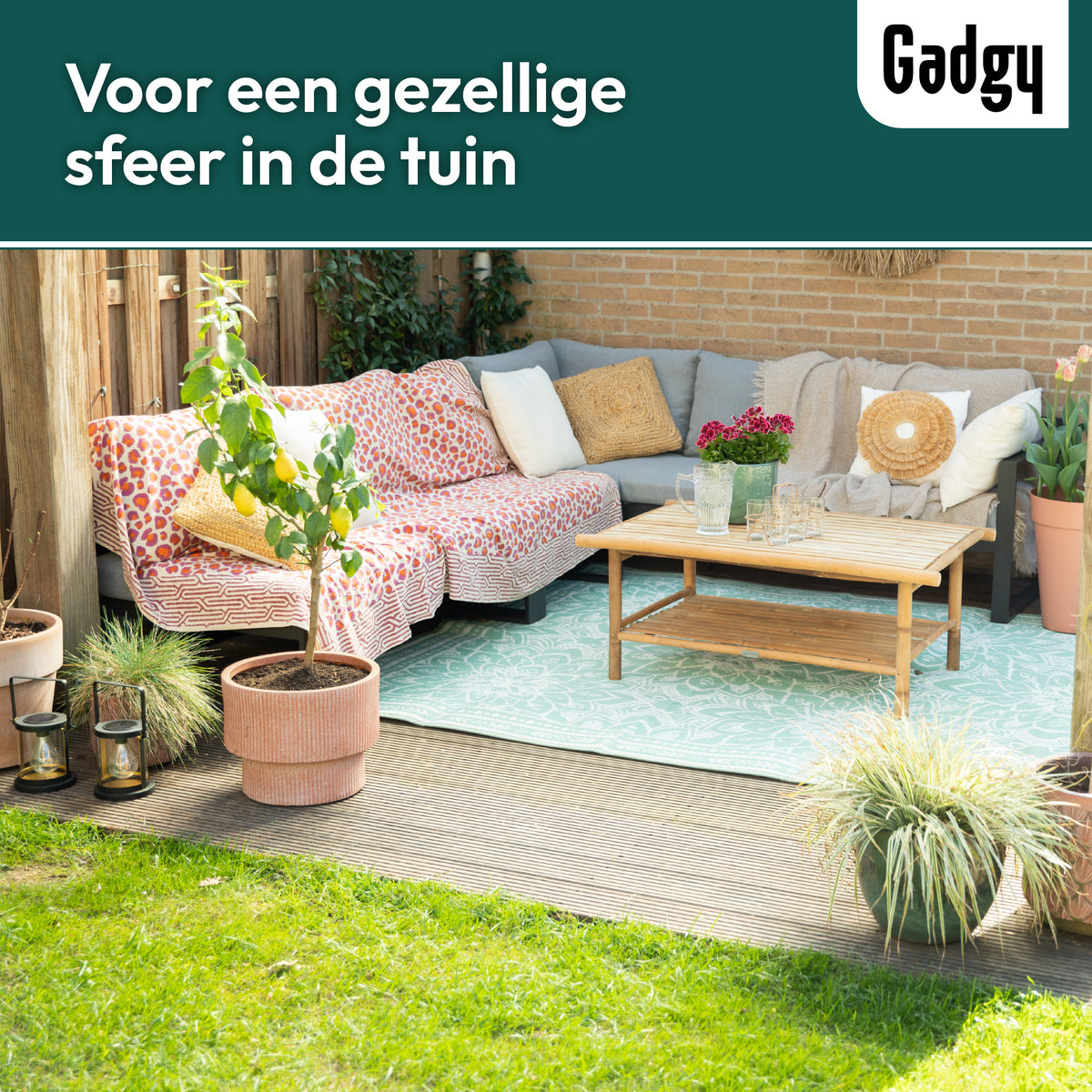 Gadgy Outdoor Teppich XXL - Outdoor Teppich 270x200 cm - Gartenteppich Doppelseitig - Picknickdecke Grün Weiß - Outdoorteppich