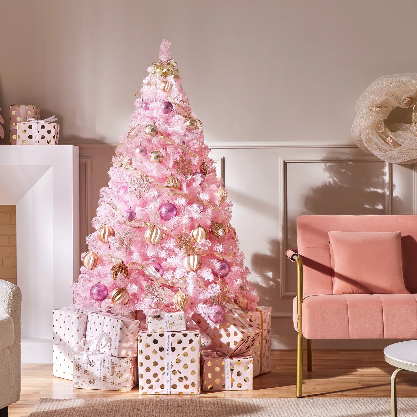 Yaheetech Künstlicher Weihnachtsbaum Rosa - 110 x 110 x 183 cm - Mit 598 Zweigen und zusammenklappbarem Metallsockel und schützenden Gummikappen - Für Wohnzimmer und Feiertage - Rosa PVC und Metall
